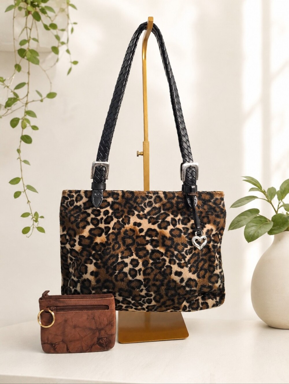 Brighton Leopard Print Faux Fur Leather Trim Shoulder Tote Bag + Buxton Wallet